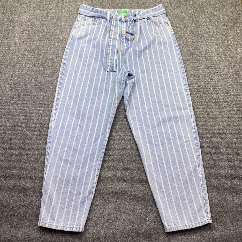 United Colors of Benetton Striped High Rise Tapered Jeans Blue White Size 30